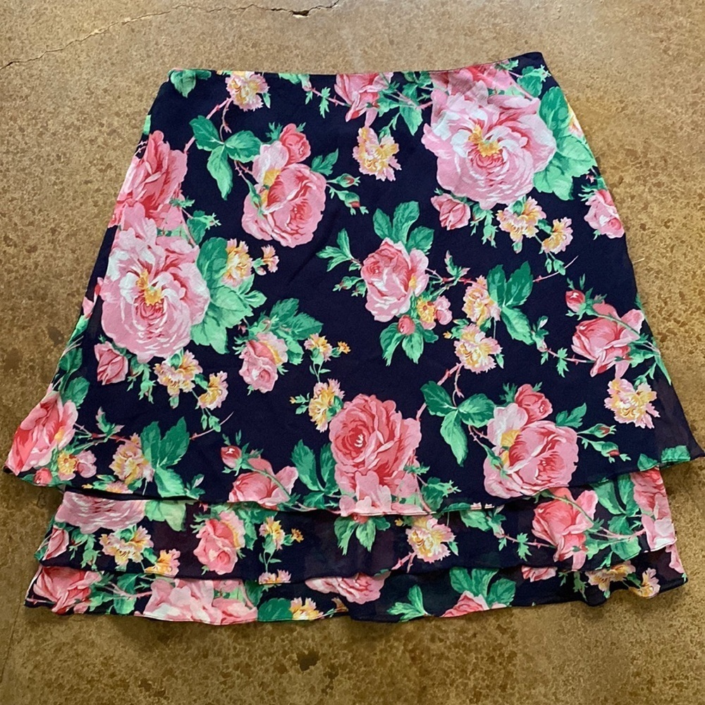 RALPH Lauren navy floral silk‎ flowy tiered knee length skirt